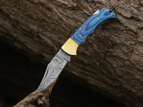 6.5 inch Damascus Pocket Knife with Sheath, Handmade Folding Pocket Knife for Men, Blue Wooden Handle with Brass Bolster, Secure Lock Back Camping Knife for EDC,Hunting,Hiking in Saudi Arabia