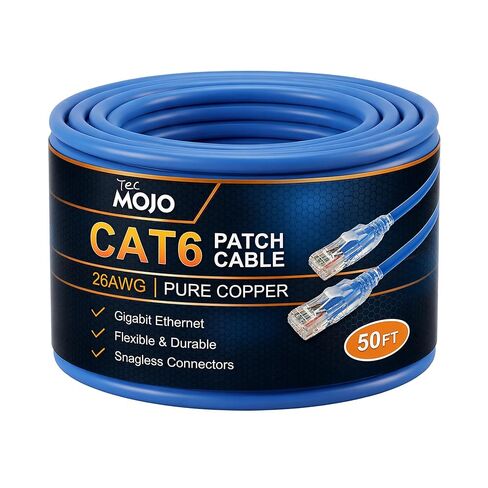 كابل إيثرنت Cat6 بطول 50 قدم من Tecmojo، موصلات نحاسية نقية 26AWG بنسبة 100%، كابل شبكة Cat6، Snagless RJ45 لجهاز التوجيه، المودم، Xbox، الكمبيوتر المحمول، الخوادم، أزرق in Kuwait