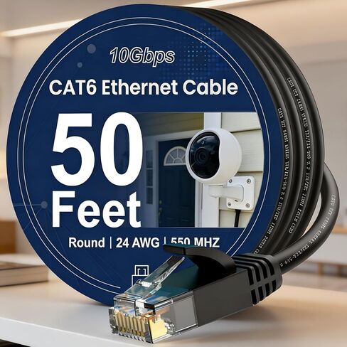 Cat 6 Ethernet Cable 50ft, Indoor&Outdoor, High Speed 10Gbps Round Internet Network Cable, Pure Copper Ethernet Patch Cable Short, Cat6 Computer Cable with Snagless RJ45 Connectors, Black in Saudi Arabia