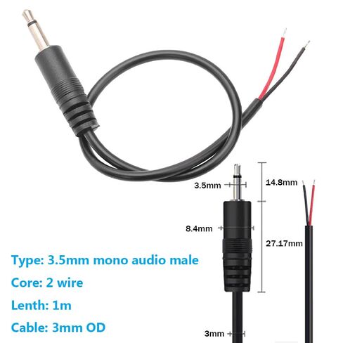 2PCS 3FT 3.5mm 1/8 "TS Mono Audio ذكر التوصيل إلى سلك مكشوف كابل نهاية مفتوحة، TS 2Pole جاك موصل إلى مكبر الصوت سلك ضفيرة AUX كابل لسماعة الرأس وحدة تحكم مكبر الصوت استبدال إصلاح الطاقة in Kuwait