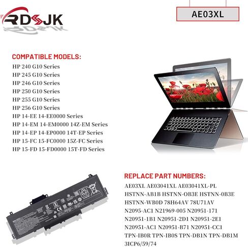 AE03XL بطارية كمبيوتر محمول ل HP 240 245 246 250 255 256 G10 14-EE 14-EM 14Z-EM 14-EP 14T-EP 15-FC 15Z-FC 15-FD 15T-FD سلسلة N21969-005 N2095-AC1 HSTNN-AB1B HSTNN-OB3E TPN-DB1M TPN-DB1N 11.25 فولت 41.04 وات في الساعة in Saudi Arabia