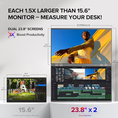 شاشة UPERFECT Delta 23.8 بوصة 100 هرتز المحمولة لموسع شاشة الكمبيوتر المحمول، شاشة ثلاثية مكدسة 1080P HDR 360 درجة قابلة للطي مع حامل وVESA لوحدة تحكم ألعاب الهاتف المحمول والكمبيوتر الشخصي (لا حاجة إلى سائق) in Saudi Arabia