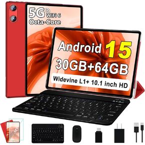 تابلت 2026 مقاس 10 بوصات Android 15 مع Gemini AI، 30 جيجابايت + 64 جيجابايت + 1 تيرابايت، أجهزة لوحية إلكترونية ثماني النواة مع لوحة مفاتيح، 6000 مللي أمبير، شاشة HD IPS، 5G WiFi، شاشة مقسمة، Widevine L1 - أحمر in Kuwait