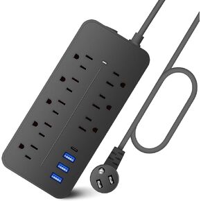 واقي التيار الكهربائي - 8 منافذ + 3 منافذ USB A (3.1 أمبير) + 1 منافذ USB C، 15 أمبير/1875 وات، سلك تمديد 4 أقدام، قابل للتركيب على الحائط للمكتب المنزلي (أسود) in Kuwait
