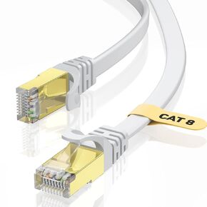 Cat8 Ethernet Cable 10FT White Flat, 40Gbps 2000MHz High Speed S/FTP with Gold-Plated RJ45 LAN Network Patch Cord for Router Modem Gaming PC Home Office Streaming Devices in Kuwait