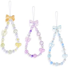 Beaded Phone Charm Lanyard Wrist Strap Cute Bow Butterfly Love Heart Flower Beaded Charm Phone Bracelet Keychain Cellphone Charms Strap for Women, Blue, Purple, Yellow in Kuwait