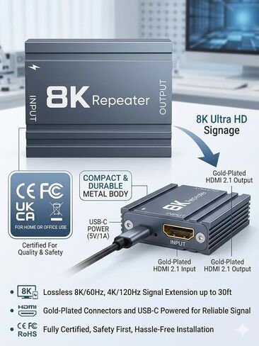 8K HDMI Repeater 2.1 Active Signal Booster, KSRplayer HDMI Amplifier Extender up to 52ft, Supports 8K60Hz 4K120Hz, Lossless Transmission, Compatible with Gaming Consoles, PC, TV, Monitor, Projector in Saudi Arabia