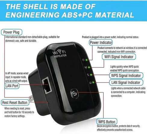 1pcs WiFi Extenders Signal Booster Up to 1200 sq.ft and 30 Devices, 300Mbps &2.4GHz Wireless Internet Repeater Booster with Ethernet Ports, WPS Setup - EU,Black in Saudi Arabia