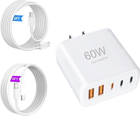شاحن حائط USB C، متعدد المنافذ (3C+2A) قابس حائط سريع الشحن مع كابل USB-C بطول 4FT و6FT متوافق مع هواتف i Phone 17/16/15/14/13/12/11، XS/XR/X، S ansung S25/S24/S23 والمزيد in Kuwait
