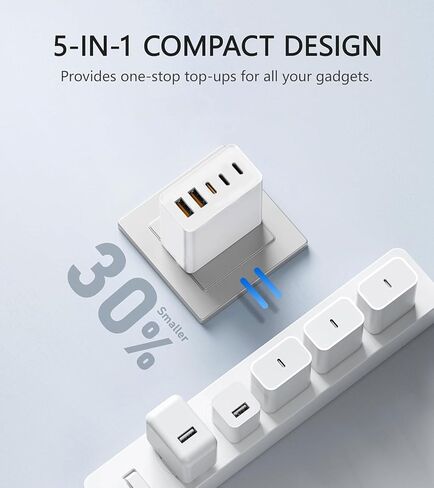 شاحن حائط USB C، متعدد المنافذ (3C+2A) قابس حائط سريع الشحن مع كابل USB-C بطول 4FT و6FT متوافق مع هواتف i Phone 17/16/15/14/13/12/11، XS/XR/X، S ansung S25/S24/S23 والمزيد in Kuwait