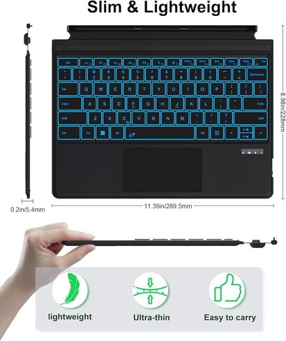 لوحة مفاتيح Surface Pro لجهاز Pro 3/4/5/6/7/7 Plus، لوحة مفاتيح سطحية بلوتوث لاسلكية مع 12 لوحة لمس إيماءة، 7 ألوان بإضاءة خلفية، نوم/تنبيه ذكي، بطارية قابلة لإعادة الشحن وشحن USB-C in Kuwait