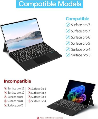 لوحة مفاتيح Surface Pro لجهاز Pro 3/4/5/6/7/7 Plus، لوحة مفاتيح سطحية بلوتوث لاسلكية مع 12 لوحة لمس إيماءة، 7 ألوان بإضاءة خلفية، نوم/تنبيه ذكي، بطارية قابلة لإعادة الشحن وشحن USB-C in Kuwait