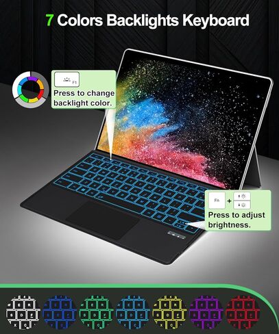 لوحة مفاتيح Surface Pro لجهاز Pro 3/4/5/6/7/7 Plus، لوحة مفاتيح سطحية بلوتوث لاسلكية مع 12 لوحة لمس إيماءة، 7 ألوان بإضاءة خلفية، نوم/تنبيه ذكي، بطارية قابلة لإعادة الشحن وشحن USB-C in Kuwait