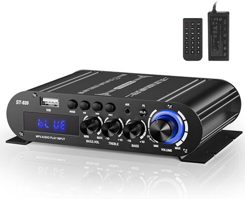 Facmogu ST-839 2.1CH مضخم صوت ستيريو بلوتوث صغير، RMS 25Wx2+40W مضخم صوت مخرج الطاقة، مستقبل صوت منزلي USB/AUX/RCA للمسرح المنزلي، يتضمن محول طاقة عن بعد وDC12V 5A in Kuwait