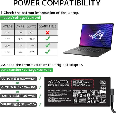 240 واط 20 فولت 12 أمبير استبدال محول التيار المتردد لشاحن الكمبيوتر المحمول Asus ROG Zephyrus G14 G16 GU605 GU605MI TUF A14 A16 A18 ROG Flow Z13 ProArt PX13 P16 0A001-01120600 A20-200P1A سلك إمداد طاقة مستطيل Conn in Kuwait