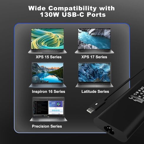 شاحن كمبيوتر محمول USB C بقوة 130 واط متوافق مع Dell XPS 15 17 9500 9510 9520 9530 9700 9710 9720 2in1، الدقة 5550 5560 5530 5570 5470 5480 5760، سلك طاقة الكمبيوتر من النوع C لخط العرض 5431 5531 in Kuwait