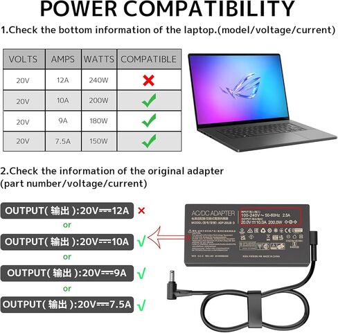 200W Gaming Laptop Charger Replacement for Asus Rog Zephyrus G15 G16 GA503 GA605 GA503QM GA503QR GA503QS;Studio 17 PX713 ROG Strix G17 G15 TUF A14 A15 F15 F17 AC Adapter ADP-200JB D Power Supply Cord in Kuwait