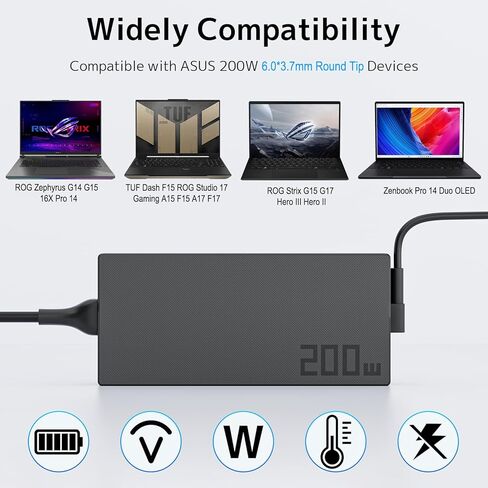 شاحن 200 وات 20 فولت 10 أمبير مناسب لأجهزة الكمبيوتر المحمول ASUS TUF Dash Gaming A14 A15 F15 F17 A17 FX507 FA507 FX707 FA707 FA506 FX506، ROG Strix G15 G17 G513 G713 Hero G731، Zephyrus G15 G16 GA503 Zenbook محول الطاقة in Kuwait