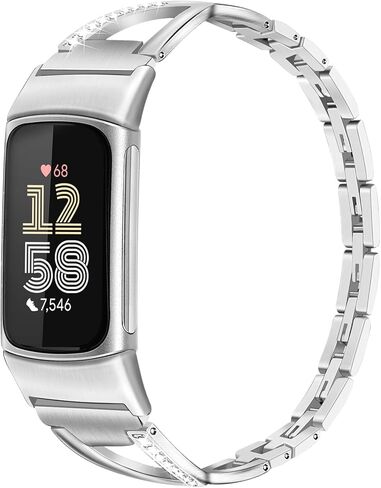 سوار Dhwazz النسائي لـ Fitbit Charge 6 / Charge 5 من الفولاذ المقاوم للصدأ وسوار الماس والمجوهرات in Kuwait