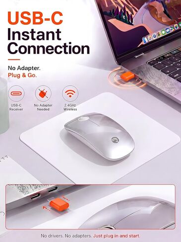 ماوس لاسلكي RAPIQUE USB C لجهاز MacBook Air/Pro، ماوس فضي رفيع، نقرة صامتة، 3 سرعات DPI، عمر بطارية 480 ساعة، ماوس لاسلكي محمول 2.4 جيجا هرتز من النوع C لأجهزة USB-C وأجهزة الكمبيوتر المحمولة وأجهزة Mac وmacOS in Kuwait
