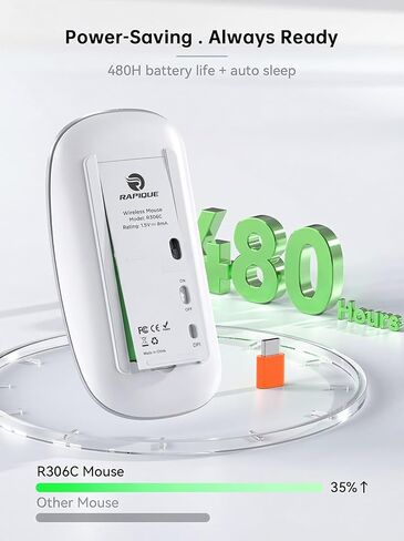 ماوس لاسلكي RAPIQUE USB C لجهاز MacBook Air/Pro، ماوس فضي رفيع، نقرة صامتة، 3 سرعات DPI، عمر بطارية 480 ساعة، ماوس لاسلكي محمول 2.4 جيجا هرتز من النوع C لأجهزة USB-C وأجهزة الكمبيوتر المحمولة وأجهزة Mac وmacOS in Kuwait