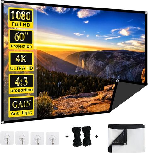 60-Inch Anti-Light Projector Screen, 4K HD 4:3 Portable Outdoor Movie Screen, Black Backing Foldable Indoor Projection Screen with High Gain & 160° Viewing Angle for Home Theater, Camping, RV in Kuwait