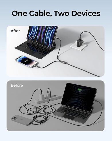 VIYISI 100W Fast Charging Cable 2-in-1 with USB-C & Lighting, USB Cable with Detachable Tip USB-C/A for iPhone 17/16/15/14, iPad, iPod, MacBook Pro/Air, Galaxy, Switch, Power 2 Devices at Once in Kuwait