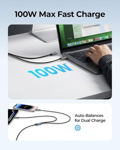VIYISI 100W Fast Charging Cable 2-in-1 with USB-C & Lighting, USB Cable with Detachable Tip USB-C/A for iPhone 17/16/15/14, iPad, iPod, MacBook Pro/Air, Galaxy, Switch, Power 2 Devices at Once in Kuwait