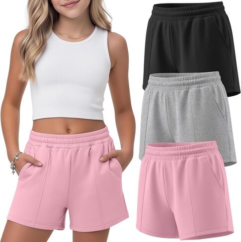 3 Pack Girls Shorts Summer Athletic Shorts Kids Casual Elastic Waist SweatShorts with Pockets Cute Clothes for Teen in Saudi Arabia