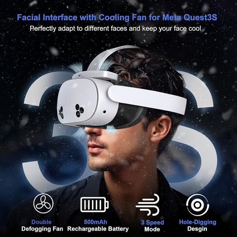 مروحة تبريد واجهة الوجه لـ Meta Quest 3S، قطن الحرير الجليدي المسامي ووسادة وجه ناعمة من جلد البولي يوريثان متوافقة مع Oculus Quest 3S، مروحة قابلة للتعديل لتخفيف ضباب العدسة (غير مناسبة لـ Quest 3) in Kuwait