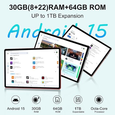تابلت 2026 مقاس 10 بوصات Android 15 مع Gemini AI، 30 جيجابايت + 64 جيجابايت + 1 تيرابايت، أجهزة لوحية إلكترونية ثماني النواة مع لوحة مفاتيح، 6000 مللي أمبير، شاشة HD IPS، 5G WiFi، شاشة مقسمة، Widevine L1 - أحمر in Kuwait