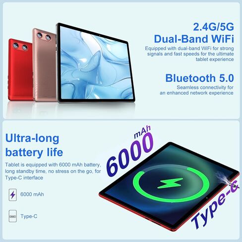 تابلت 2026 مقاس 10 بوصات Android 15 مع Gemini AI، 30 جيجابايت + 64 جيجابايت + 1 تيرابايت، أجهزة لوحية إلكترونية ثماني النواة مع لوحة مفاتيح، 6000 مللي أمبير، شاشة HD IPS، 5G WiFi، شاشة مقسمة، Widevine L1 - أحمر in Kuwait