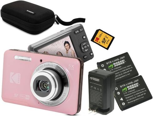 Kodak PixPro Friendly Zoom FZ55 16MP 1080p Full HD Digital Camera (Pastel Pink) Bundle with 128GB SD Card, Battery (2-Pack) and Travel Organizer (4 Items) in Kuwait