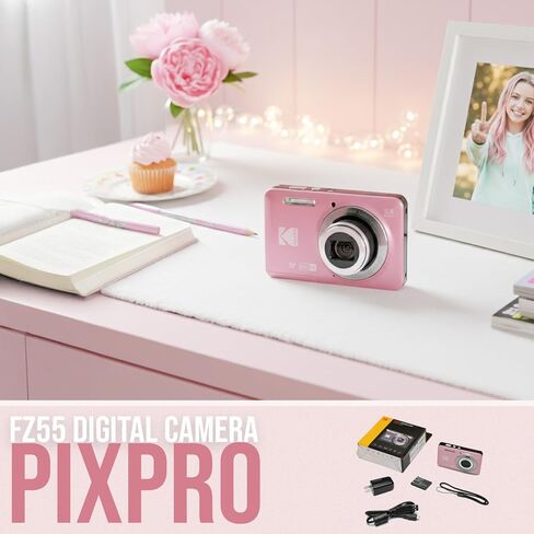 Kodak PixPro Friendly Zoom FZ55 16MP 1080p Full HD Digital Camera (Pastel Pink) Bundle with 128GB SD Card, Battery (2-Pack) and Travel Organizer (4 Items) in Kuwait