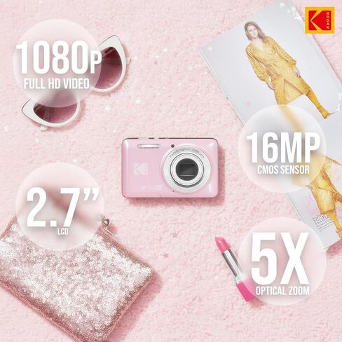 Kodak PixPro Friendly Zoom FZ55 16MP 1080p Full HD Digital Camera (Pastel Pink) Bundle with 128GB SD Card, Battery (2-Pack) and Travel Organizer (4 Items) in Kuwait