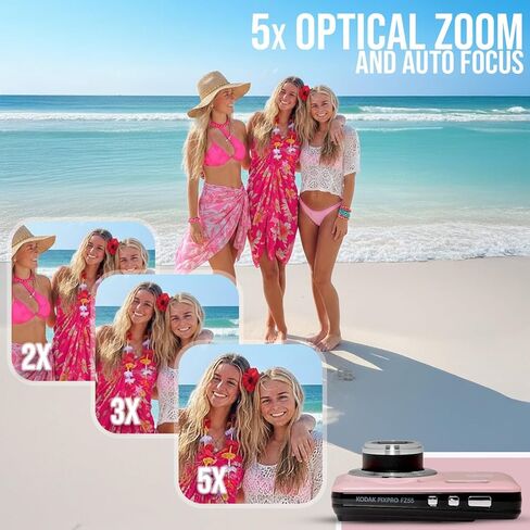 Kodak PixPro Friendly Zoom FZ55 16MP 1080p Full HD Digital Camera (Pastel Pink) Bundle with 128GB SD Card, Battery (2-Pack) and Travel Organizer (4 Items) in Kuwait