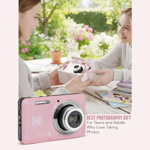 Kodak PixPro Friendly Zoom FZ55 16MP 1080p Full HD Digital Camera (Pastel Pink) Bundle with 128GB SD Card, Battery (2-Pack) and Travel Organizer (4 Items) in Kuwait