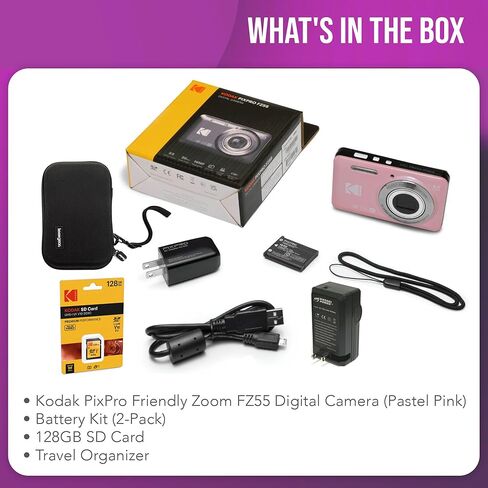 Kodak PixPro Friendly Zoom FZ55 16MP 1080p Full HD Digital Camera (Pastel Pink) Bundle with 128GB SD Card, Battery (2-Pack) and Travel Organizer (4 Items) in Kuwait