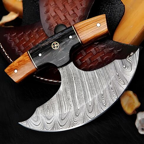 Damascus Ulu Knife 6" – Handmade Full Tang Curved Blade, Alaska Ulu Rocking Knife with Olive Wood Handle, Sharp Chef Knife for Chopping Vegetables, Herbs & Meat, Premium Gift Set in Kuwait