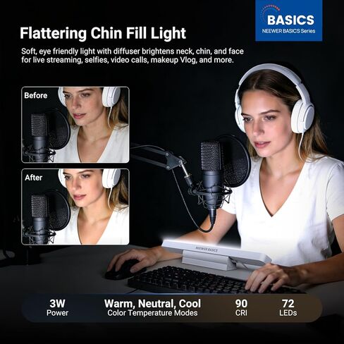 NEEWER Basics LED Chin Fill Lighting, 3W Bi Color Portable Desk Phone Selfie Photo Light, CRI90, 2200mAh Battery for TikTok Streaming Laptop Video Conference Recording Travel Makeup, TL106B in Kuwait