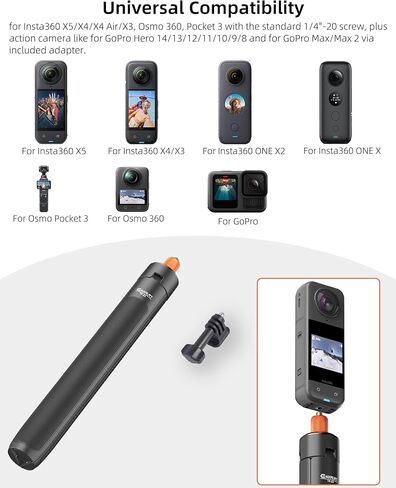 حامل ثلاثي عصا سيلفي قابل للتمديد 53.5 بوصة لـ Insta360 X5/X4/X3/GO 3s، DJI Osmo 360/Pocket 3، Xtra Sphra360، All GoPro، مقبض كاميرا 2 في 1 مع عمود تمديد/Monopod/حامل مدونة فيديو للسفر/ملحق in Kuwait