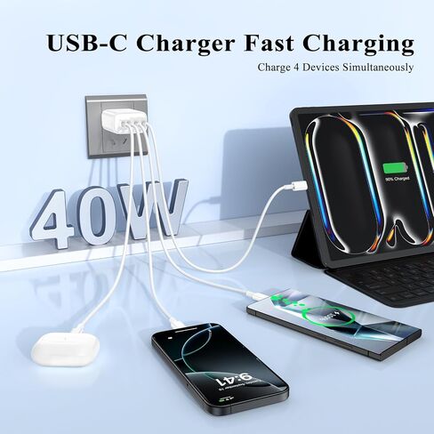 شاحن سريع لهاتف iPhone 17 16 15، كتلة شاحن USB C بقدرة 40 وات مع 4 منافذ (USB C+USB A)، محول حائط للشحن السريع PD QC 3.0، 2 كابل USB C إلى C بطول 6 أقدام لهاتف Samsung Galaxy S26 S25 in Kuwait