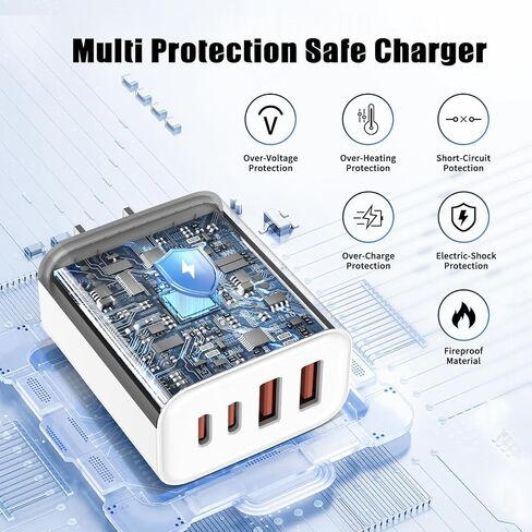 شاحن سريع لهاتف iPhone 17 16 15، كتلة شاحن USB C بقدرة 40 وات مع 4 منافذ (USB C+USB A)، محول حائط للشحن السريع PD QC 3.0، 2 كابل USB C إلى C بطول 6 أقدام لهاتف Samsung Galaxy S26 S25 in Kuwait