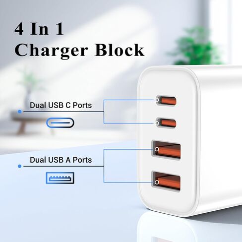 شاحن سريع لهاتف iPhone 17 16 15، كتلة شاحن USB C بقدرة 40 وات مع 4 منافذ (USB C+USB A)، محول حائط للشحن السريع PD QC 3.0، 2 كابل USB C إلى C بطول 6 أقدام لهاتف Samsung Galaxy S26 S25 in Kuwait