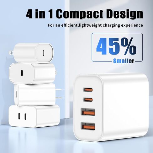 شاحن سريع لهاتف iPhone 17 16 15، كتلة شاحن USB C بقدرة 40 وات مع 4 منافذ (USB C+USB A)، محول حائط للشحن السريع PD QC 3.0، 2 كابل USB C إلى C بطول 6 أقدام لهاتف Samsung Galaxy S26 S25 in Kuwait