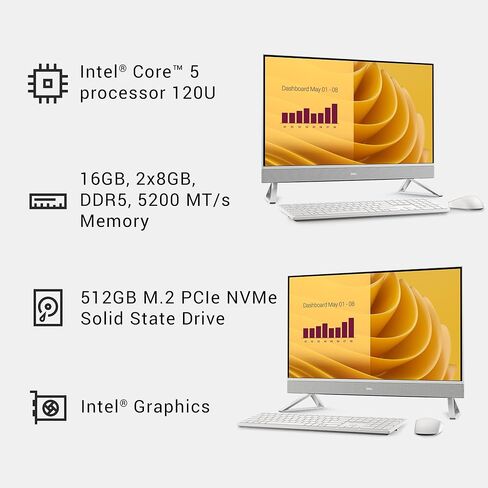 كمبيوتر مكتبي Dell 27 الكل في واحد ec27250 - شاشة 27 بوصة FHD (1920 × 1080)، معالج Intel Core 5 120U، Intel Graphics، ذاكرة الوصول العشوائي DDR5 سعة 16 جيجابايت، SSD 512 جيجابايت، Windows 11 Home، خدمة في الموقع - أبيض (متجدد) in Kuwait