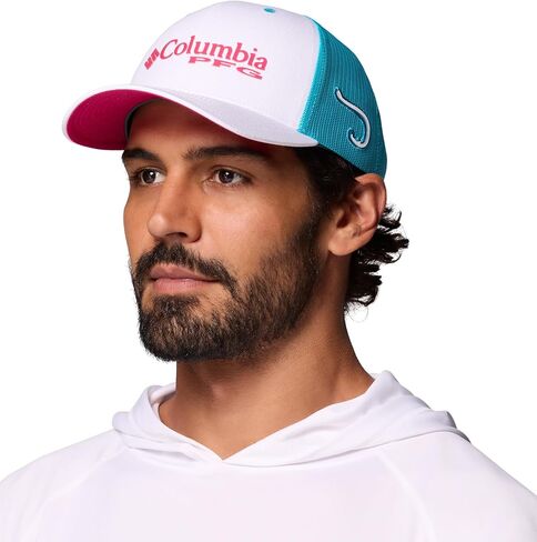 Columbia Unisex PFG Logo Mesh Snap Back, White/Ocean Teal/Guava Pink, One Size in Kuwait