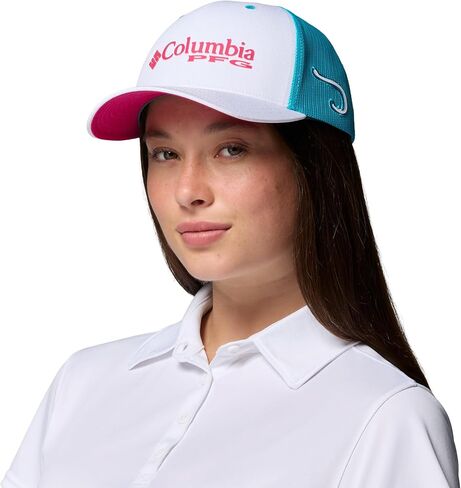 Columbia Unisex PFG Logo Mesh Snap Back, White/Ocean Teal/Guava Pink, One Size in Kuwait