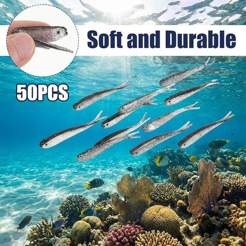 50 PCS Crappie Jigs, Soft Plastic Crappie Lures, Lifelike Forked Tail Minnow Baits, Scented Rubber Lures for Freshwater and Saltwater Bass, Trout, Walleye in Kuwait