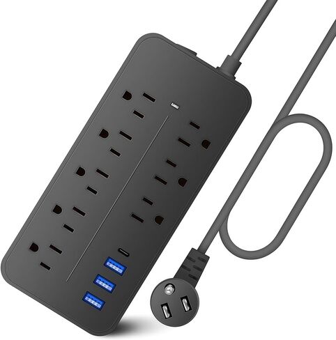 واقي التيار الكهربائي - 8 منافذ + 3 منافذ USB A (3.1 أمبير) + 1 منافذ USB C، 15 أمبير/1875 وات، سلك تمديد 4 أقدام، قابل للتركيب على الحائط للمكتب المنزلي (أسود) in Kuwait